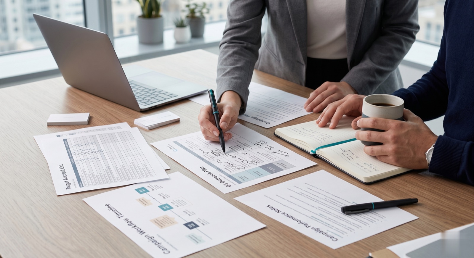 Account list, campaign plan, and performance notes on a desk during a managed engagement