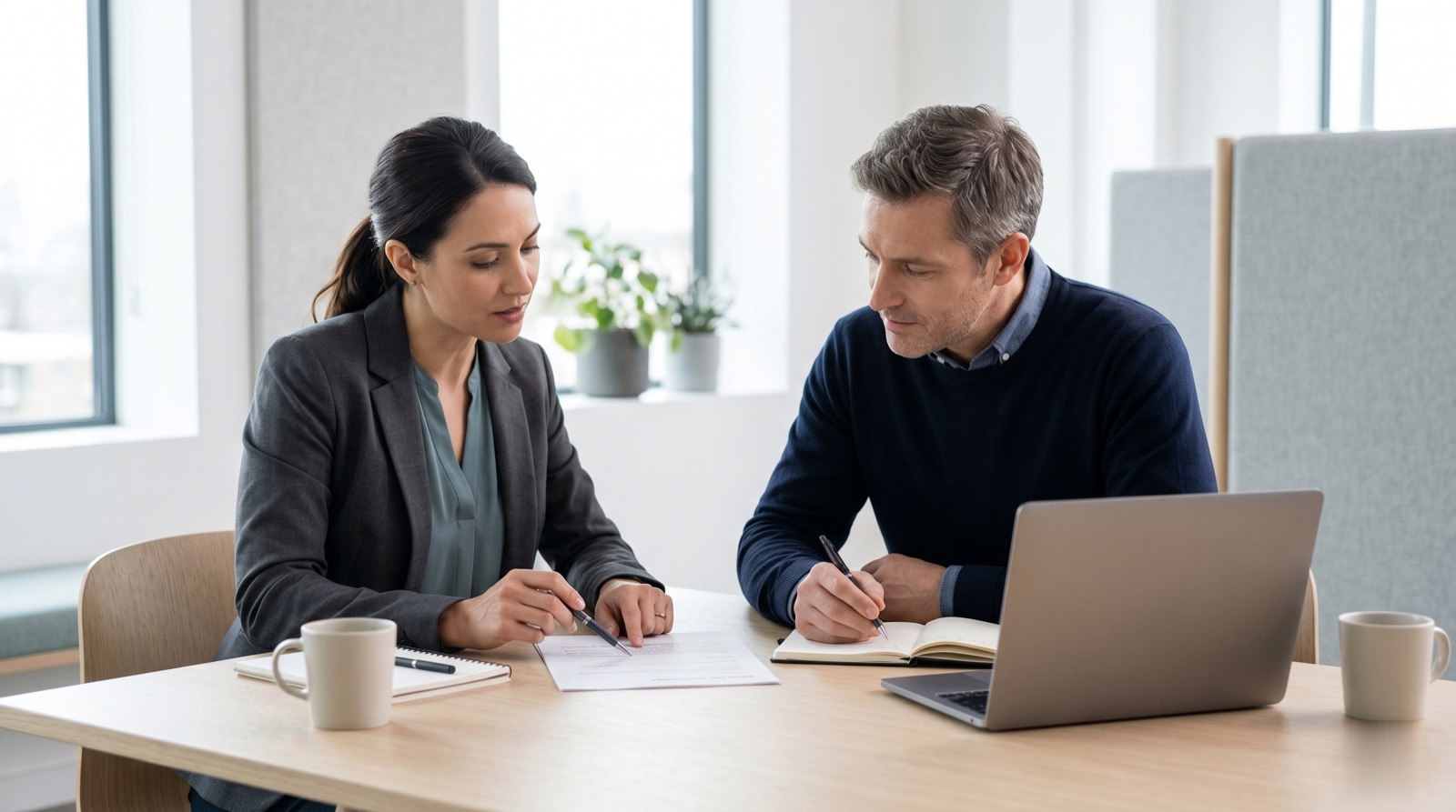 Two operators reviewing follow-up on a qualified opportunity